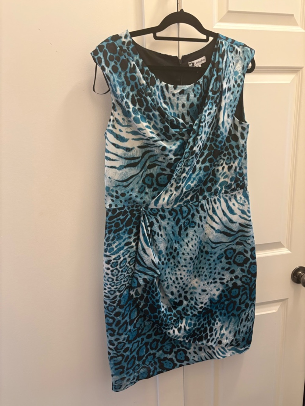 Leslie Fay Teal Blue Black Animal Print Sheath Dress